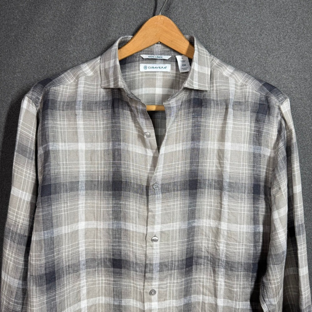 Cubavera Mens Small 100% Linen Plaid Button Down Roll Tab Sleeve Shirt Grey Tan